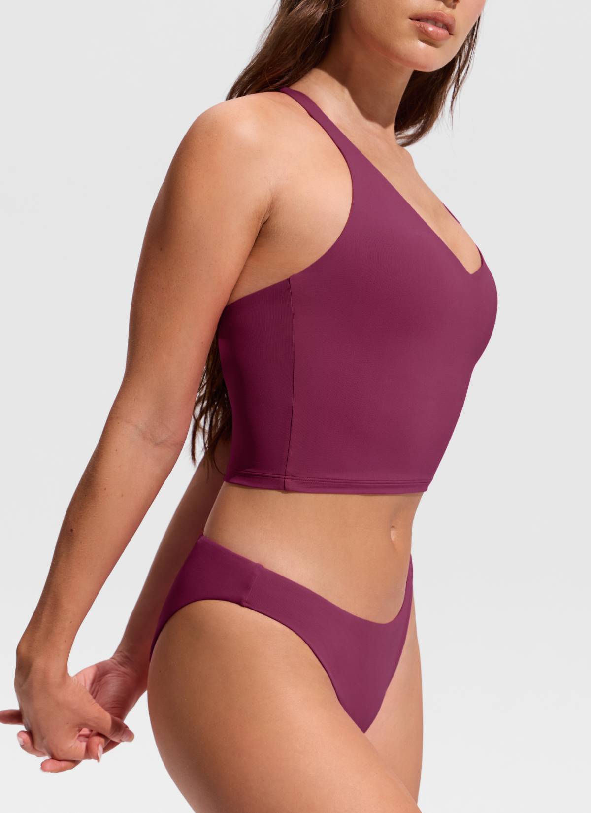 CRZ YOGA Women's Swimwear V Neck Criss Cross Back Crop Tankini Fuchsia
