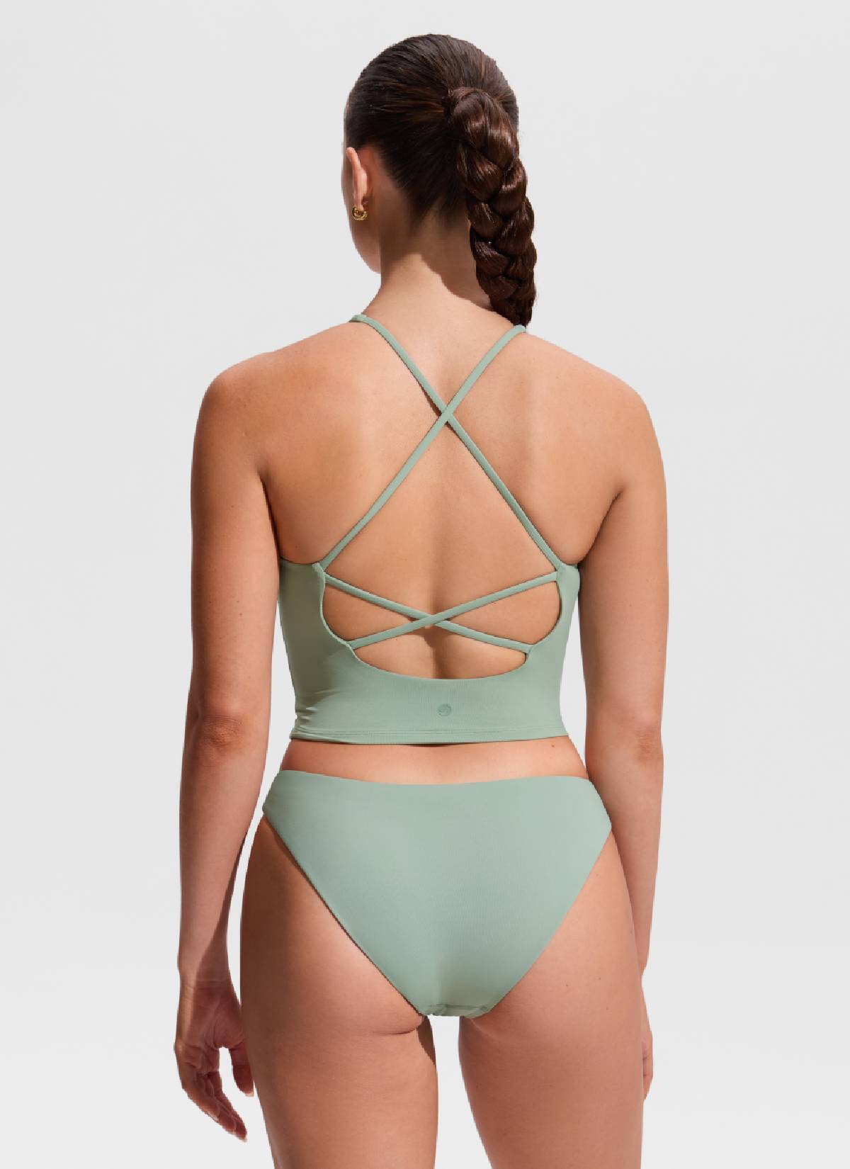 CRZ YOGA Women's Swimwear V Neck Criss Cross Back Crop Tankini Green Palm Court