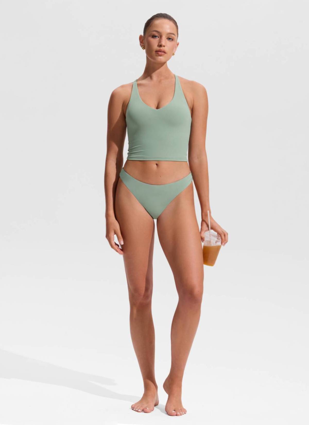 CRZ YOGA Women's Swimwear V Neck Criss Cross Back Crop Tankini Green Palm Court