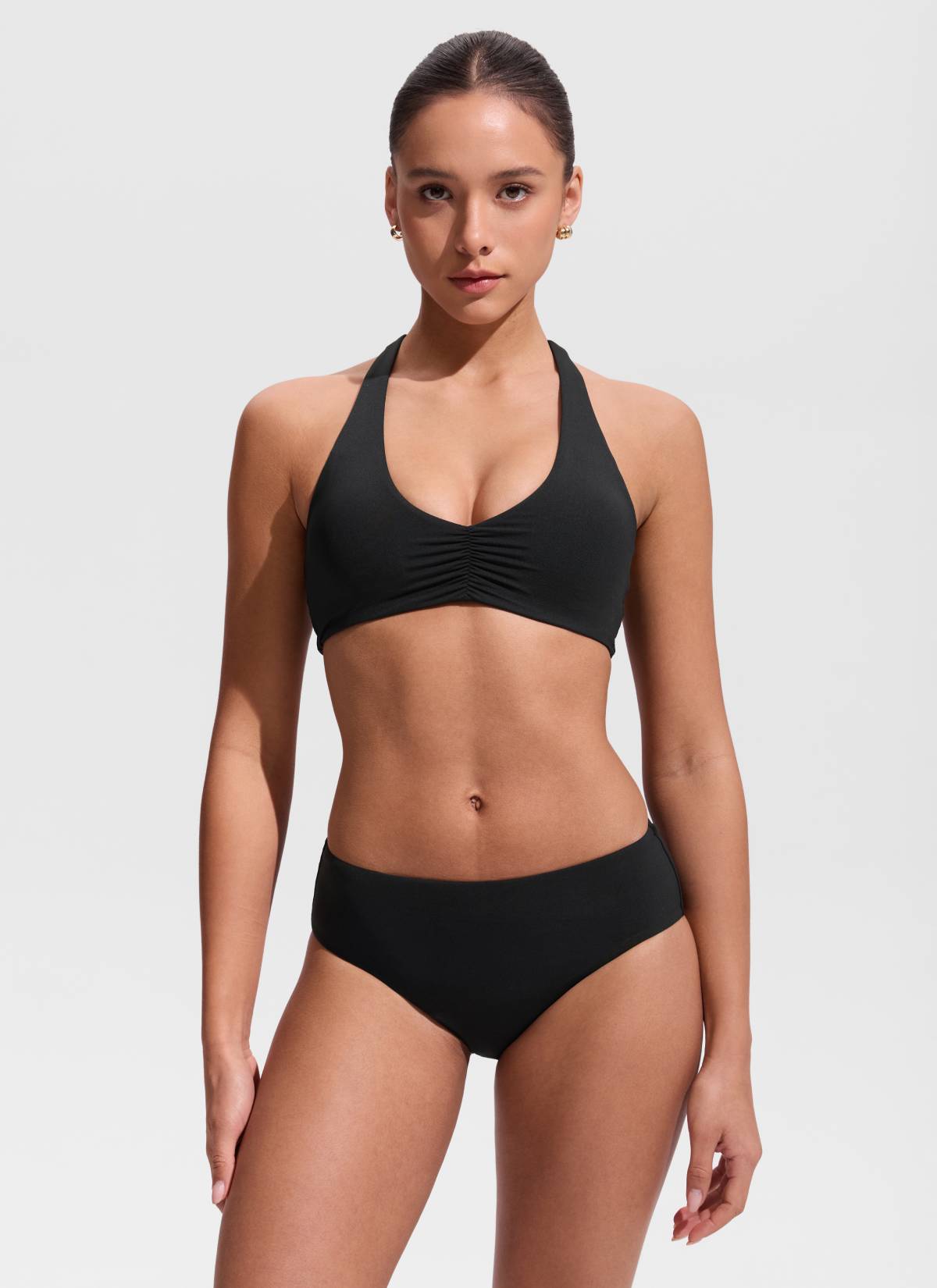 CRZ YOGA Women's Swimwear Ruched Front Halter Backless Bikini Top Black