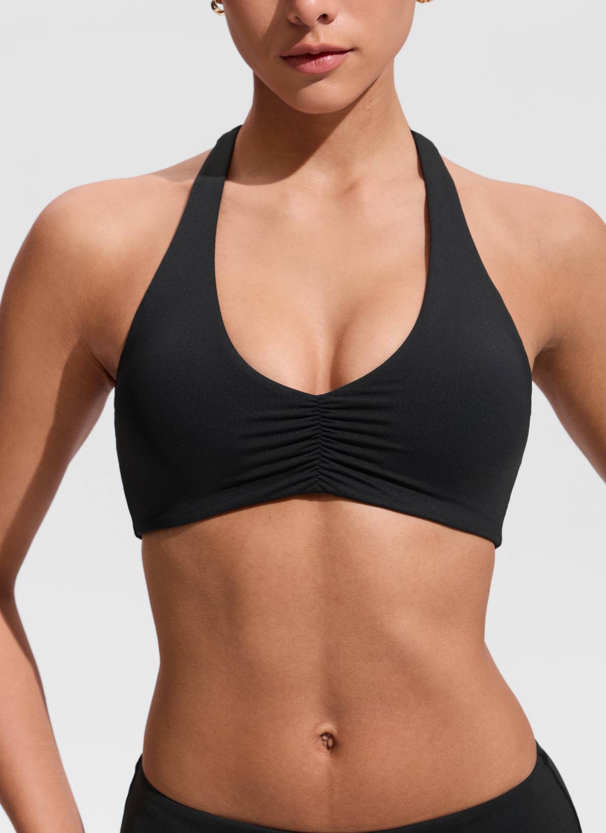 CRZ YOGA Women's Swimwear Ruched Front Halter Backless Bikini Top Black