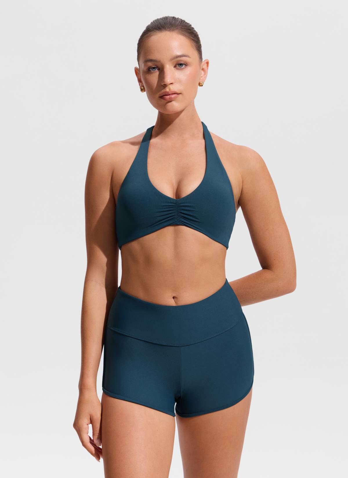 CRZ YOGA Women's Swimwear Ruched Front Halter Backless Bikini Top Insignia Blue