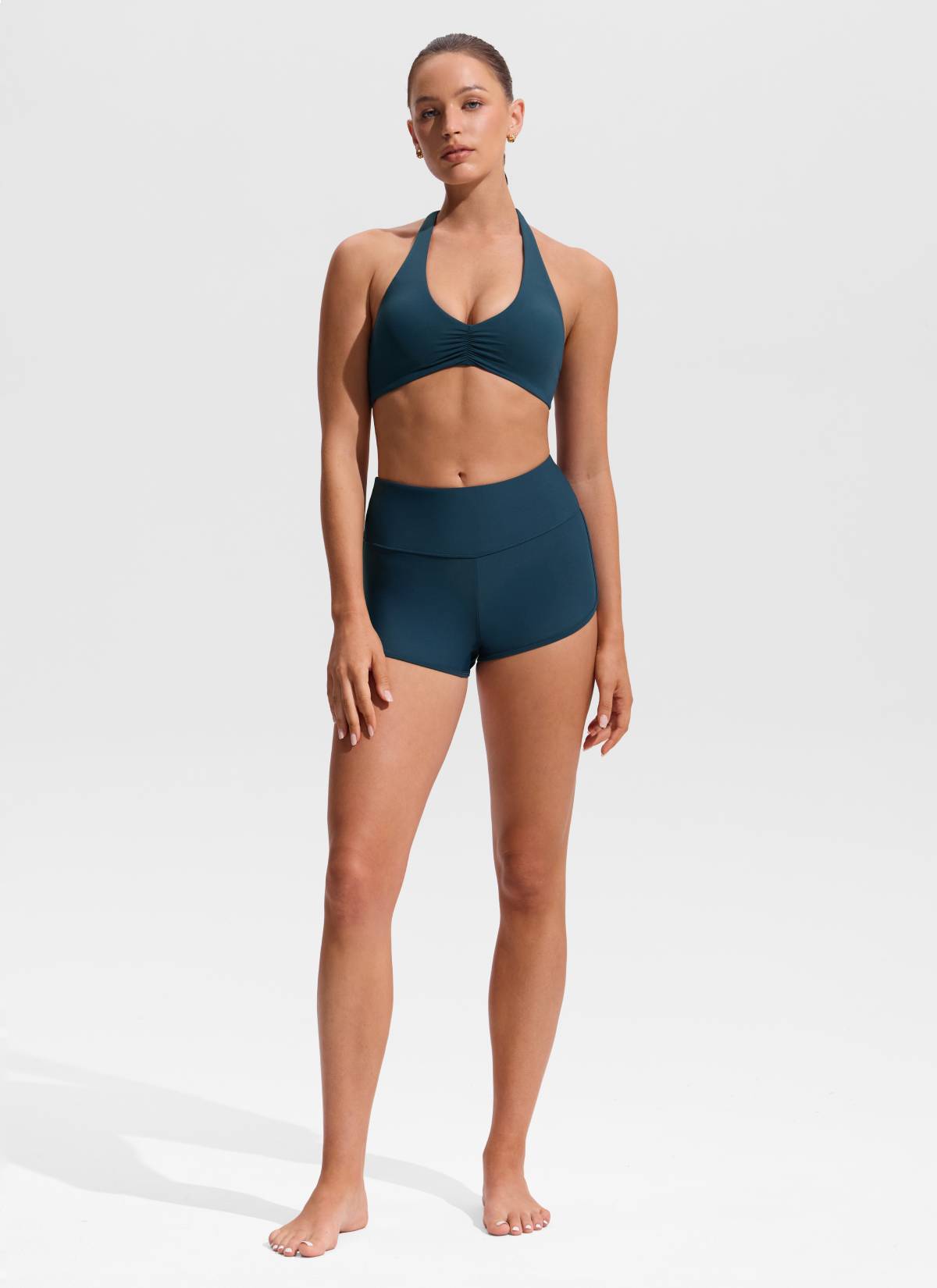 CRZ YOGA Women's Swimwear Ruched Front Halter Backless Bikini Top Insignia Blue