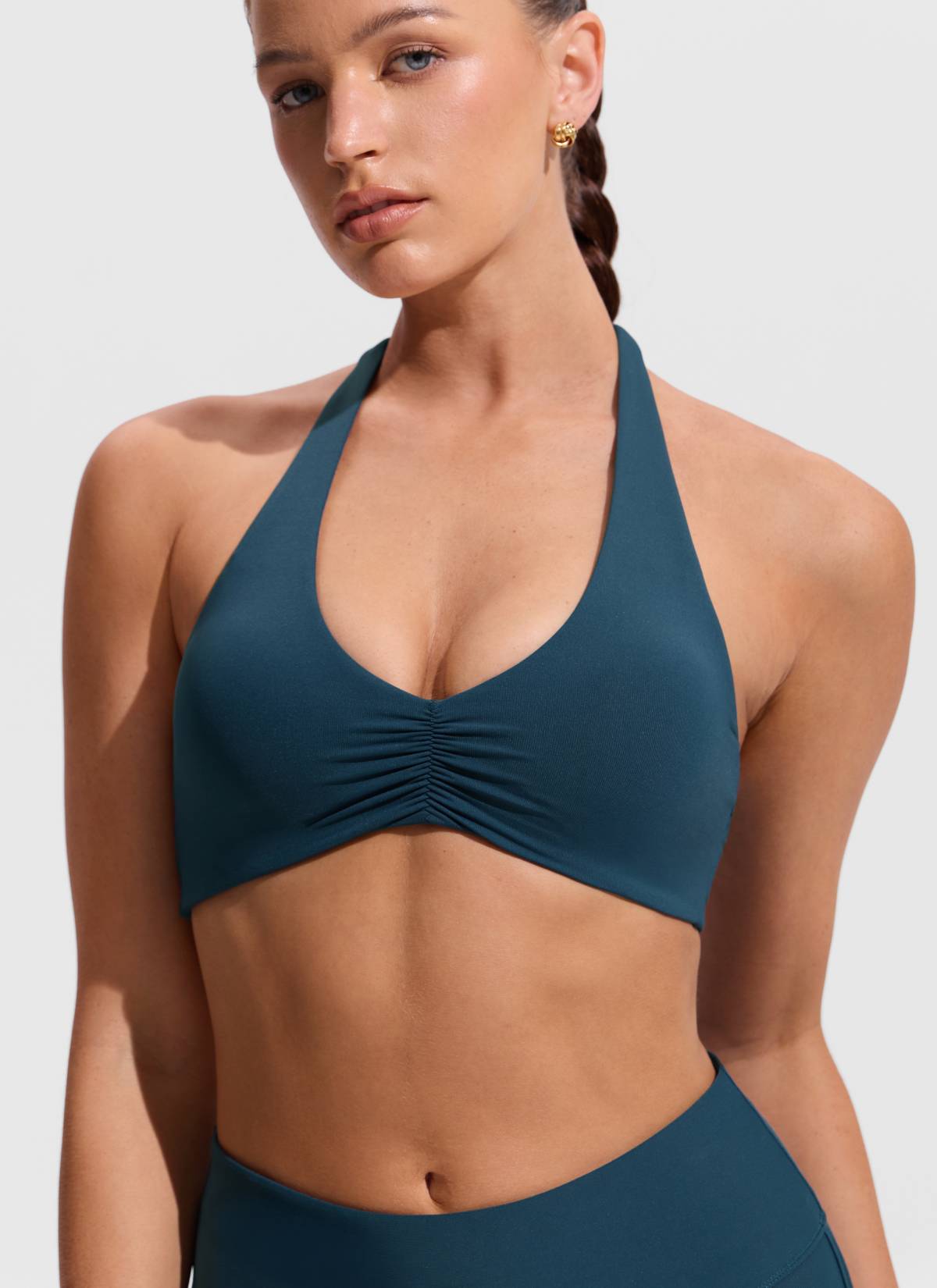 CRZ YOGA Women's Swimwear Ruched Front Halter Backless Bikini Top Insignia Blue
