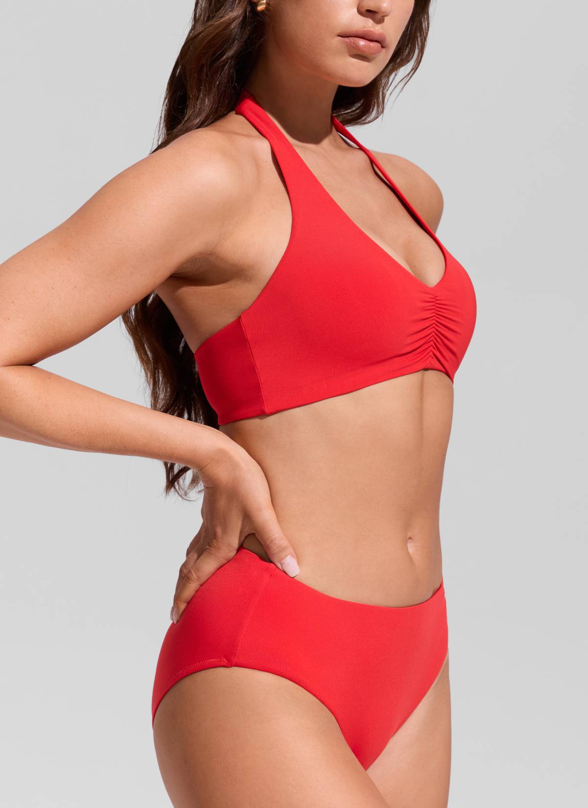 CRZ YOGA Women's Swimwear Ruched Front Halter Backless Bikini Top Deep Red