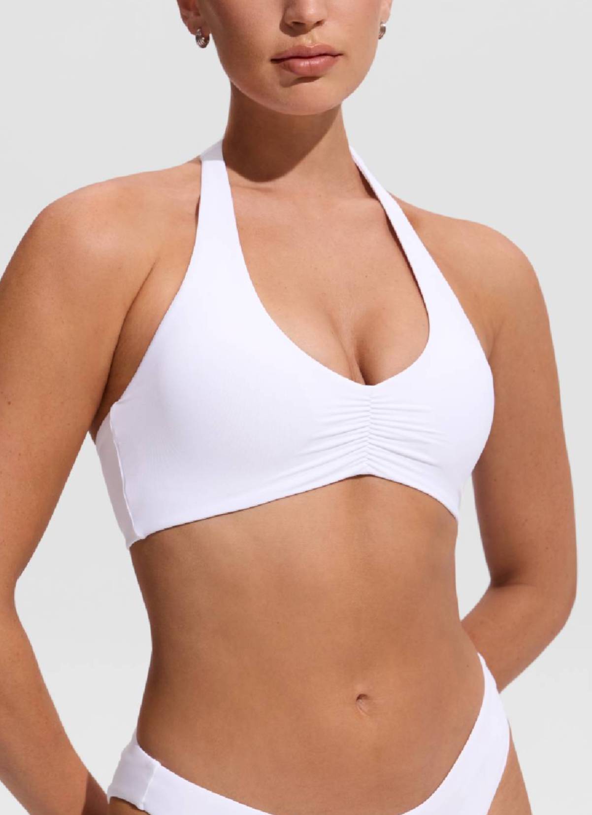 CRZ YOGA Women's Swimwear Ruched Front Halter Backless Bikini Top White