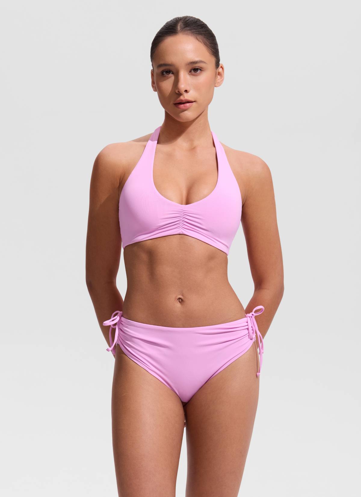 CRZ YOGA Women's Swimwear Ruched Front Halter Backless Bikini Top Vita Pink