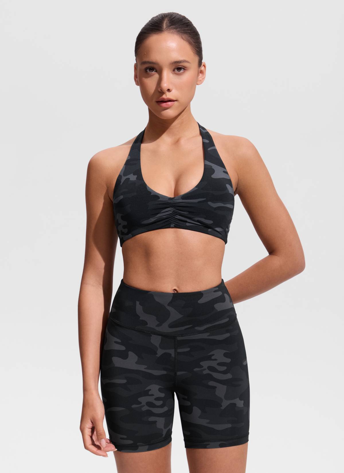 CRZ YOGA Women's Swimwear Ruched Front Halter Backless Bikini Top Jungle Camouflage Gray