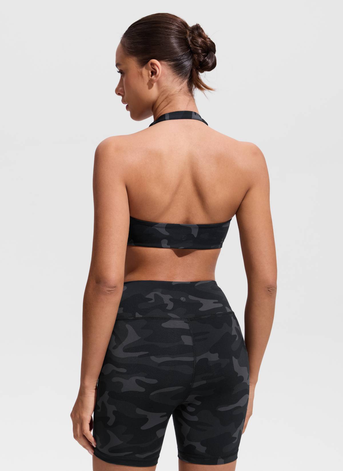CRZ YOGA Women's Swimwear Ruched Front Halter Backless Bikini Top Jungle Camouflage Gray