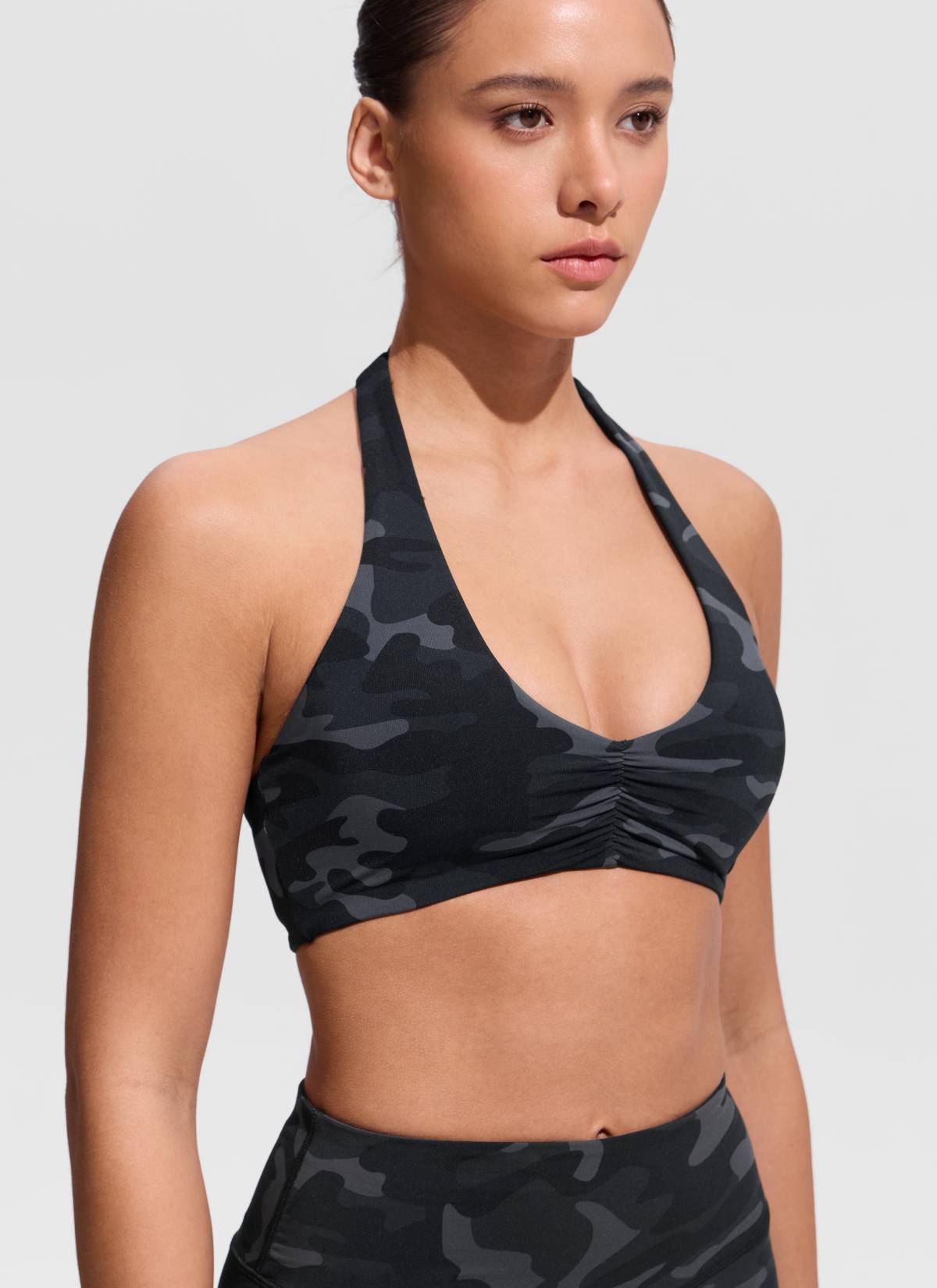 CRZ YOGA Women's Swimwear Ruched Front Halter Backless Bikini Top Jungle Camouflage Gray