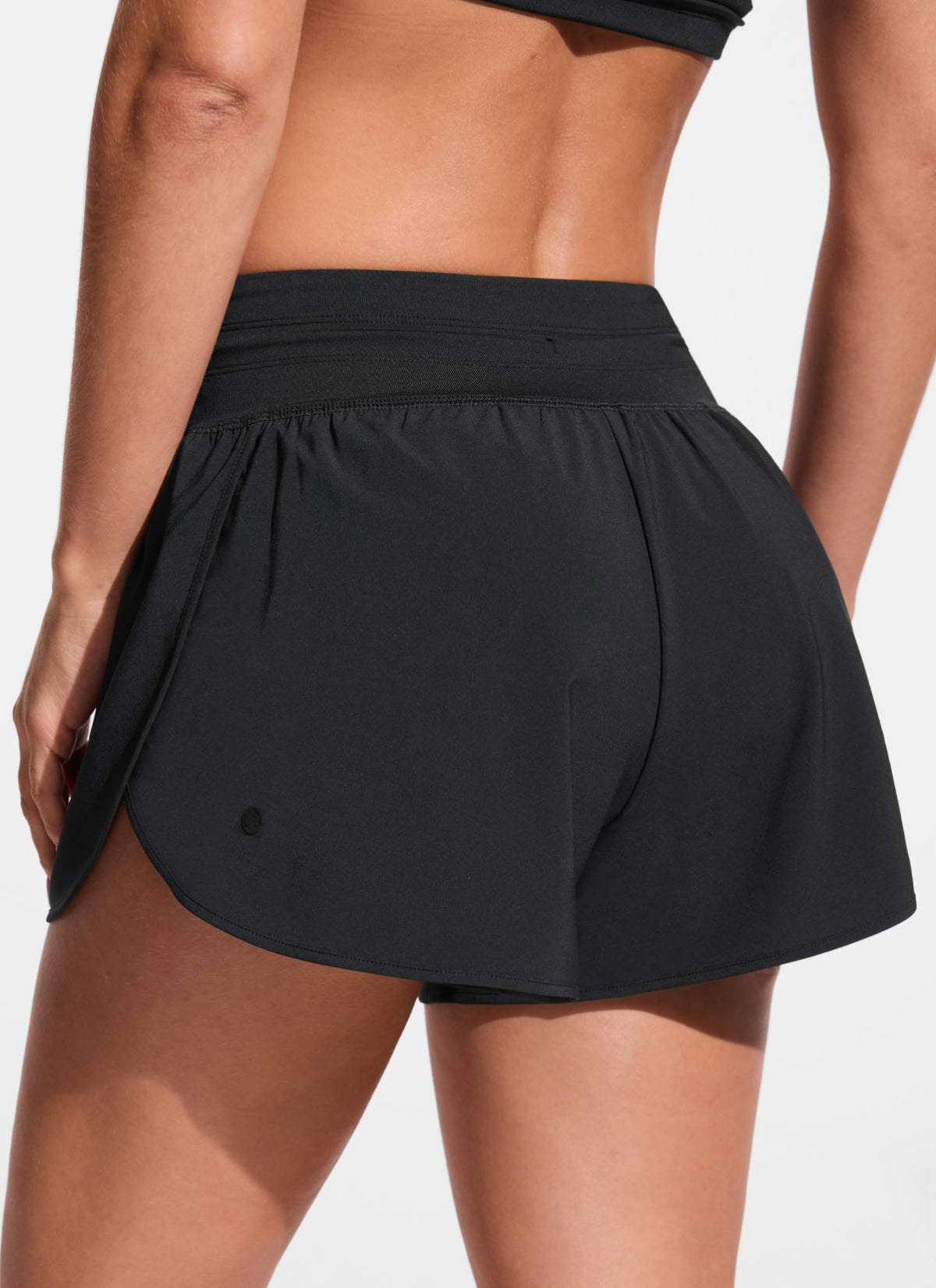 CRZ YOGA Women's Swimwear Feathery-Fit Split Dolphin Swim Shorts 2.5'' Black @model_info:Aline