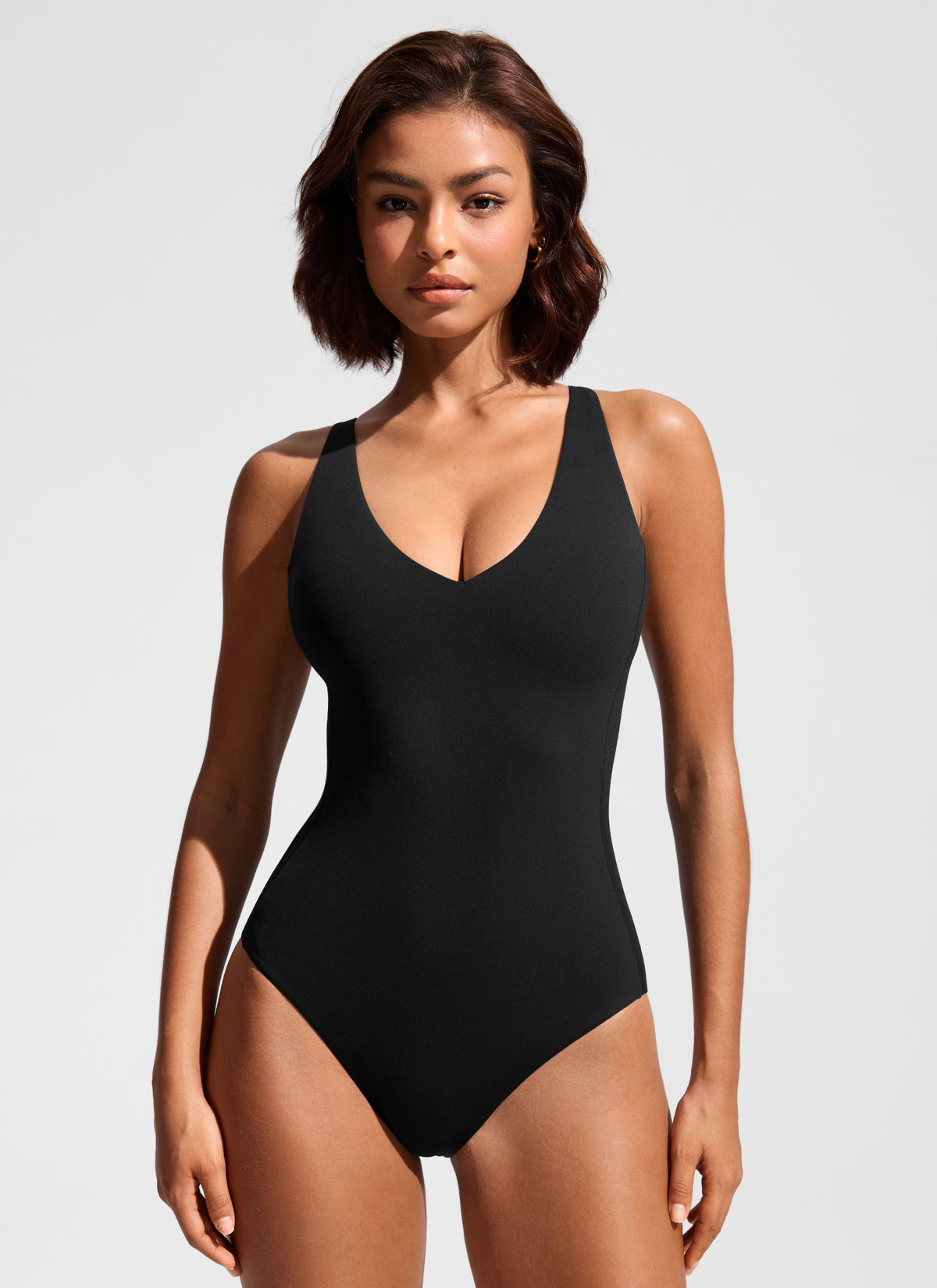 CRZ YOGA Women Nexfeel Double Lined Deep V One Piece Swimsuit Black @model_info:T