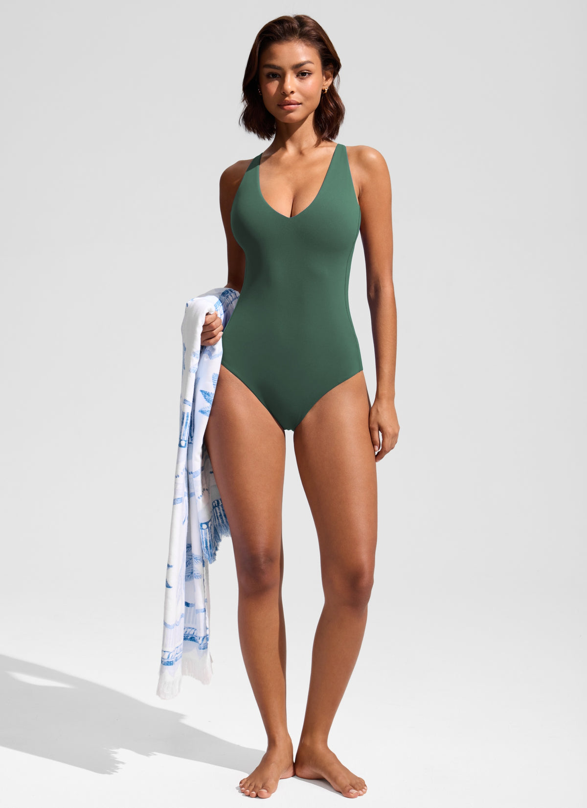 CRZ YOGA Women Nexfeel Double Lined Deep V One Piece Swimsuit Dark Forest Green @model_info:T