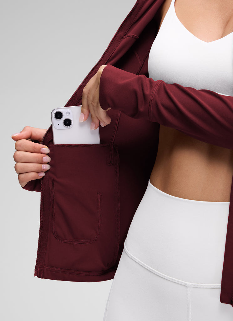 CRZ YOGA Women's Butterluxe Slim Fit Pocket Outerwear Full Zip Hoodies Red Merlot