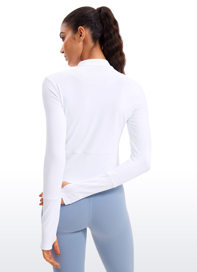 CRZ YOGA Women's Run Slim Fit Brushed Half-Zip Long Sleeve Cropped White