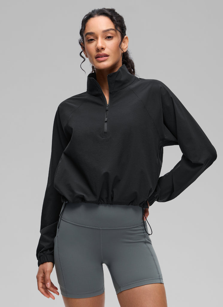 CRZ YOGA Women's Casual Half-Zip Waist Length Pocket Long Sleeves Milky White