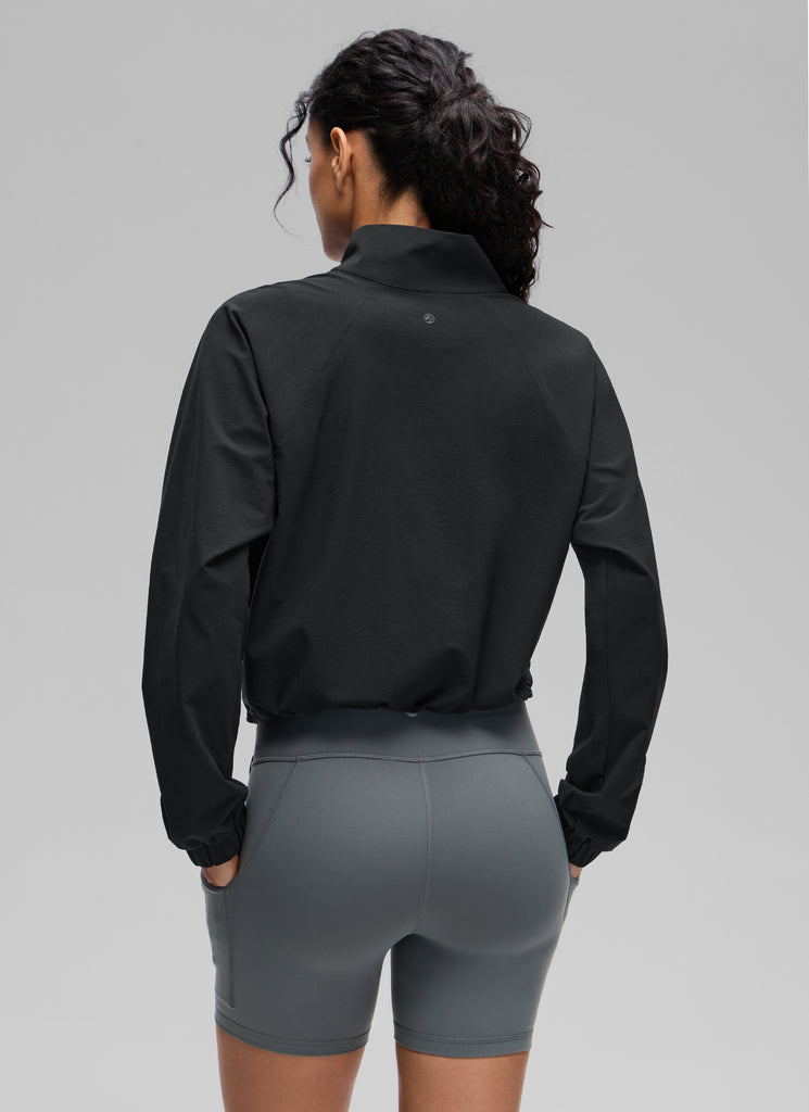 CRZ YOGA Women's Casual Half-Zip Waist Length Pocket Long Sleeves Milky White