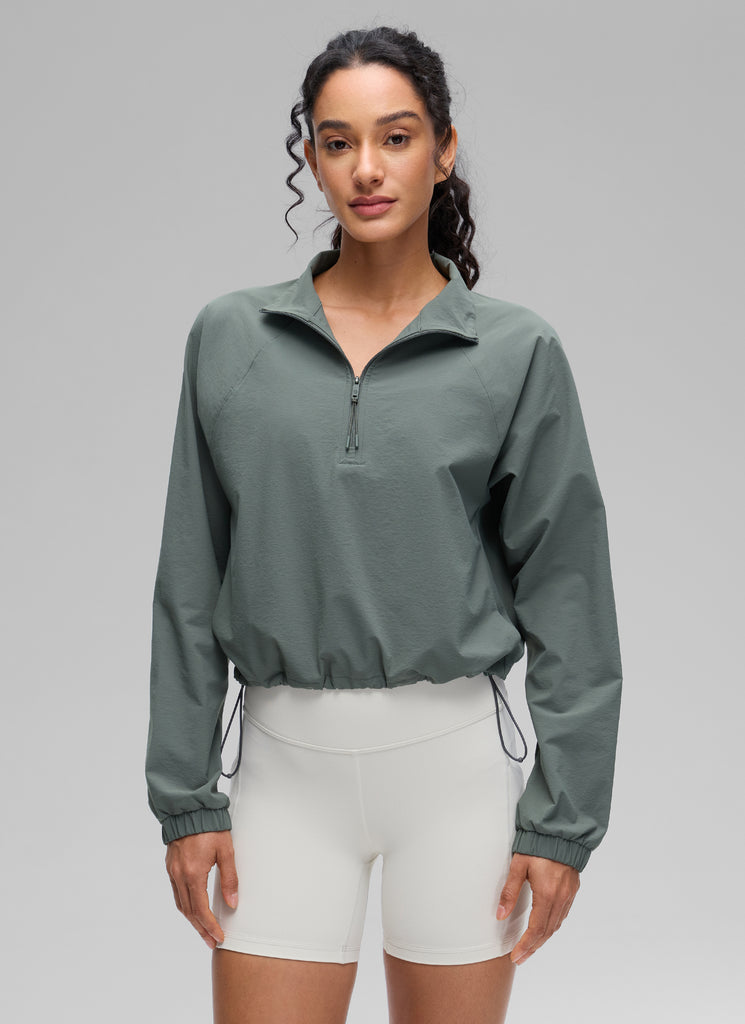 CRZ YOGA Women's Casual Half-Zip Waist Length Pocket Long Sleeves Blue Linen