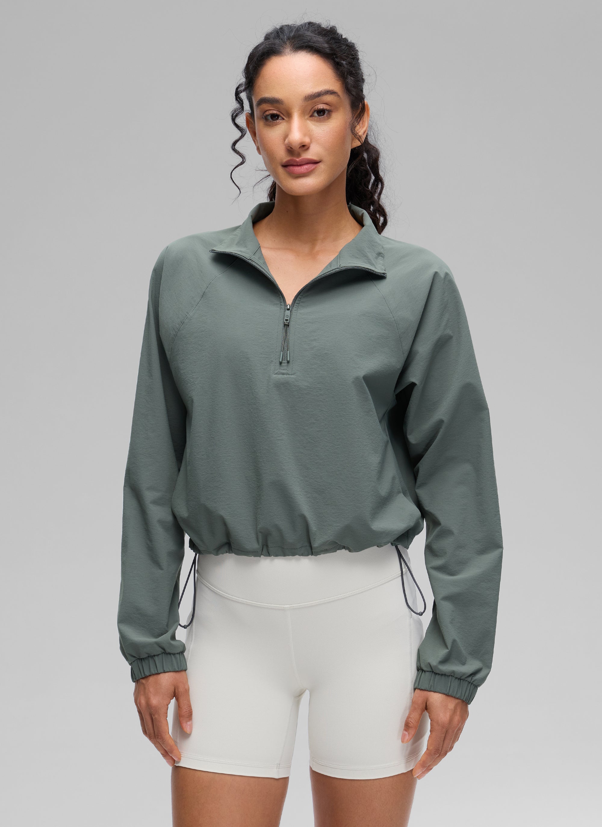 CRZ YOGA Women's Casual Half-Zip Waist Length Pocket Long Sleeves Milky White