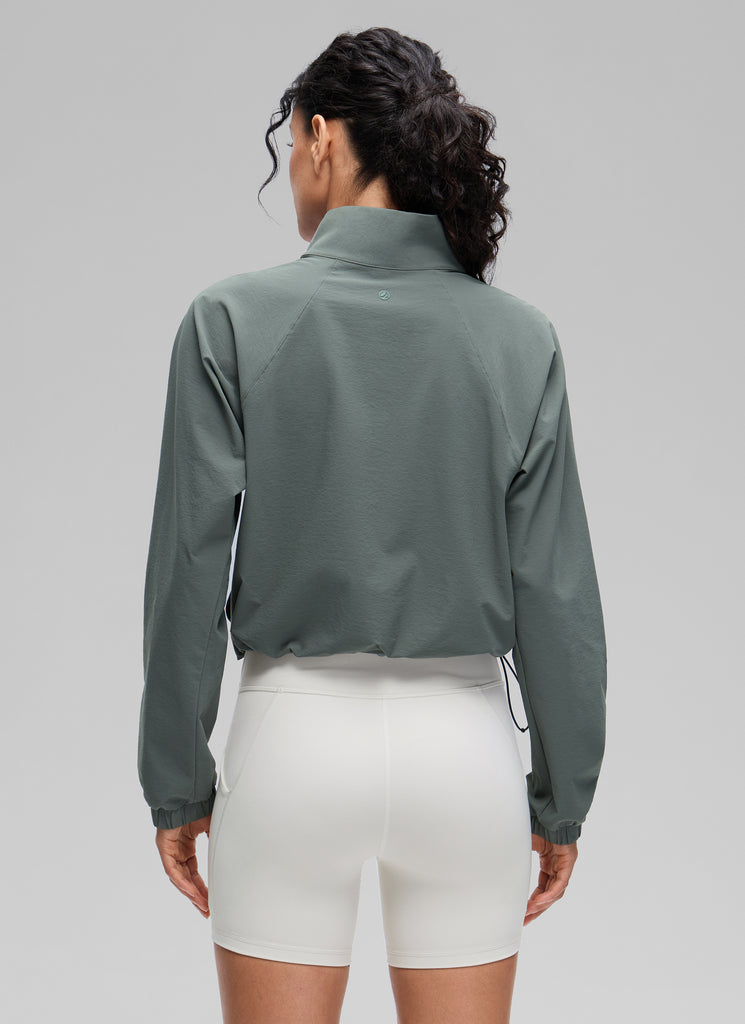 CRZ YOGA Women's Casual Half-Zip Waist Length Pocket Long Sleeves Blue Linen