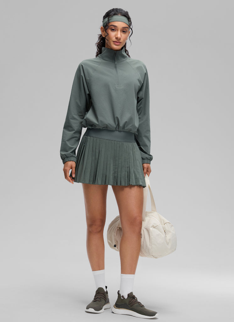CRZ YOGA Women's Casual Half-Zip Waist Length Pocket Long Sleeves Blue Linen