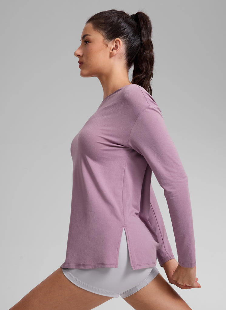 CRZ YOGA Women's Workout Boat Neck Hip Length Relaxed Fit Long Sleeves Light Lavender