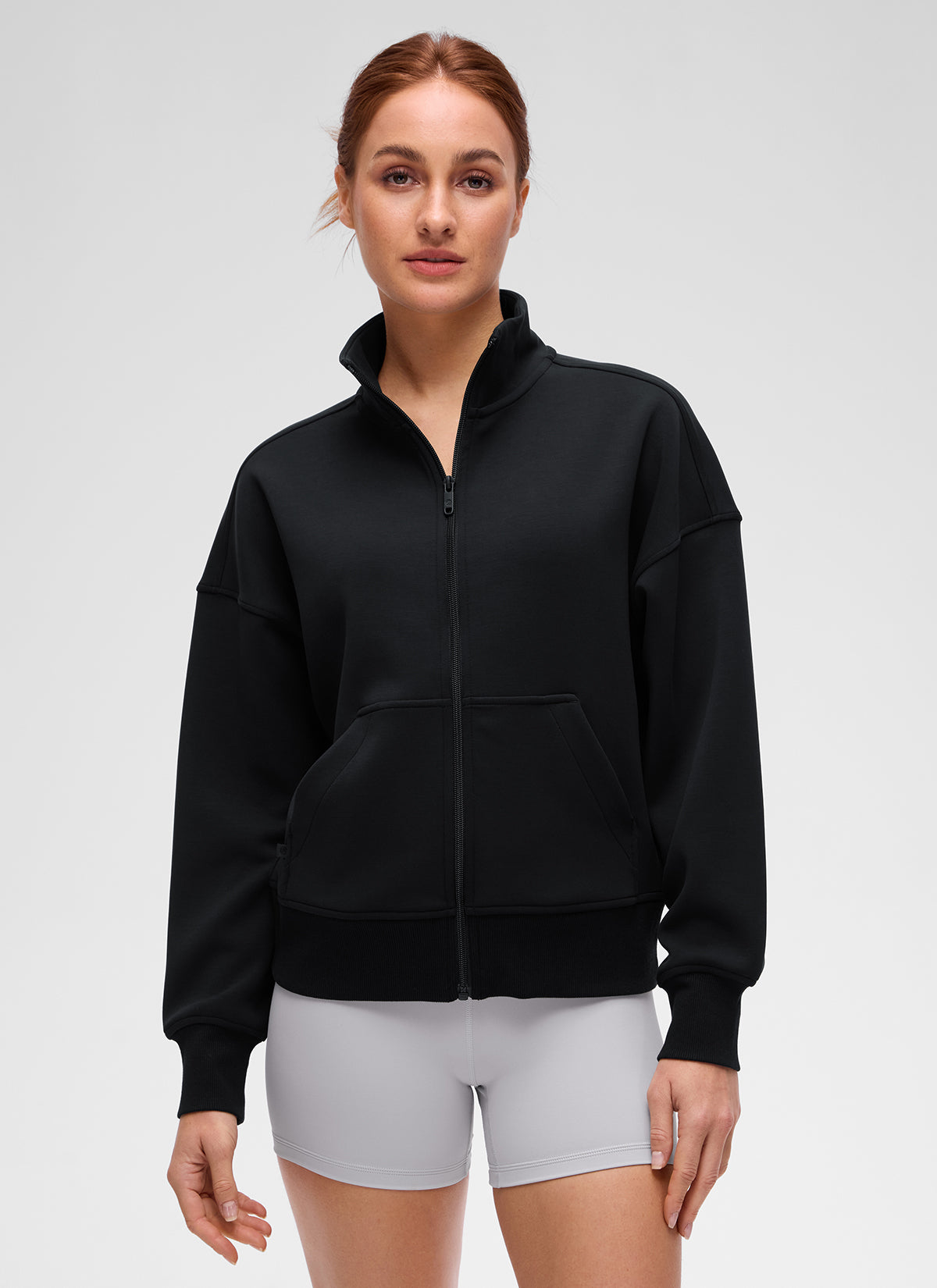 CRZ YOGA Women's Softaura Casual High Mock Neck Pocket Full Zip Jacket Black