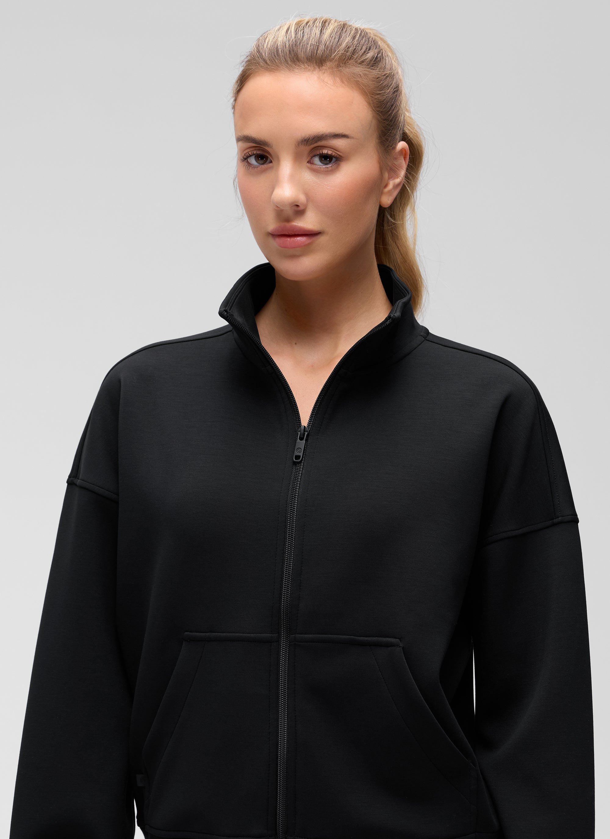 CRZ YOGA Women's Softaura Casual High Mock Neck Pocket Full Zip Jacket Black
