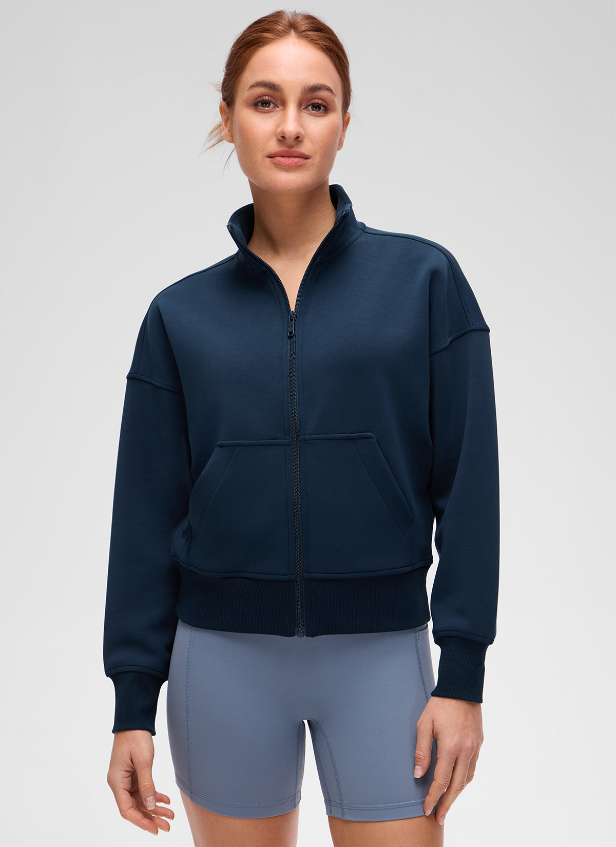 CRZ YOGA Women's Softaura Casual High Mock Neck Pocket Full Zip Jacket Ink Blue