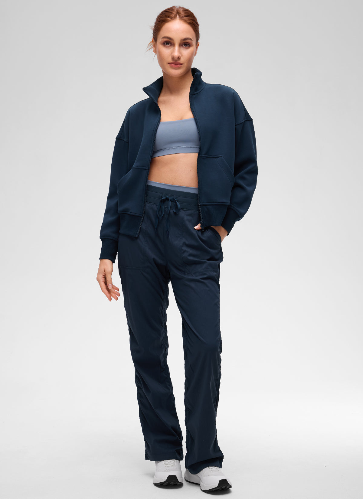 CRZ YOGA Women's Softaura Casual High Mock Neck Pocket Full Zip Jacket Ink Blue