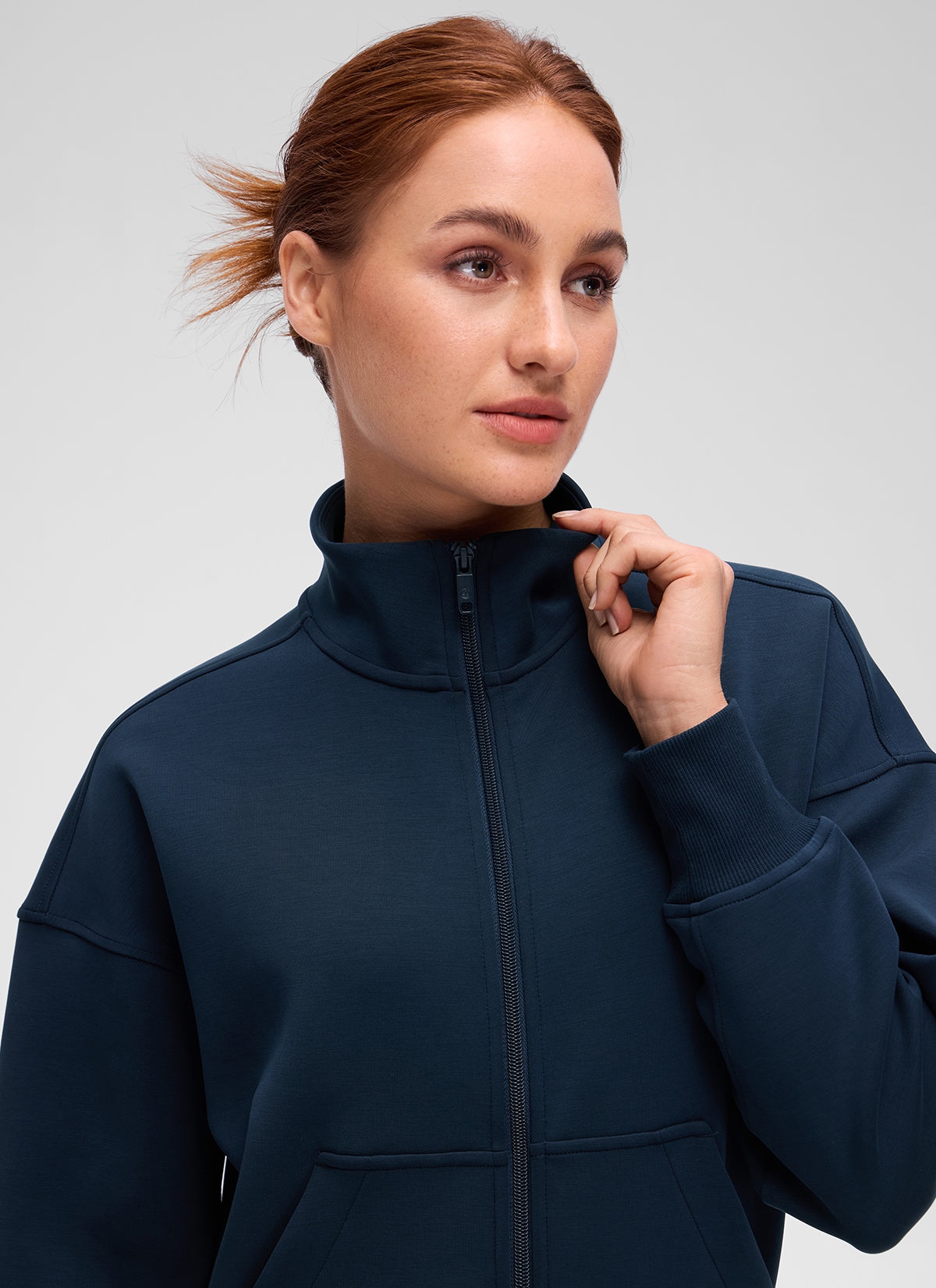 CRZ YOGA Women's Softaura Casual High Mock Neck Pocket Full Zip Jacket Ink Blue