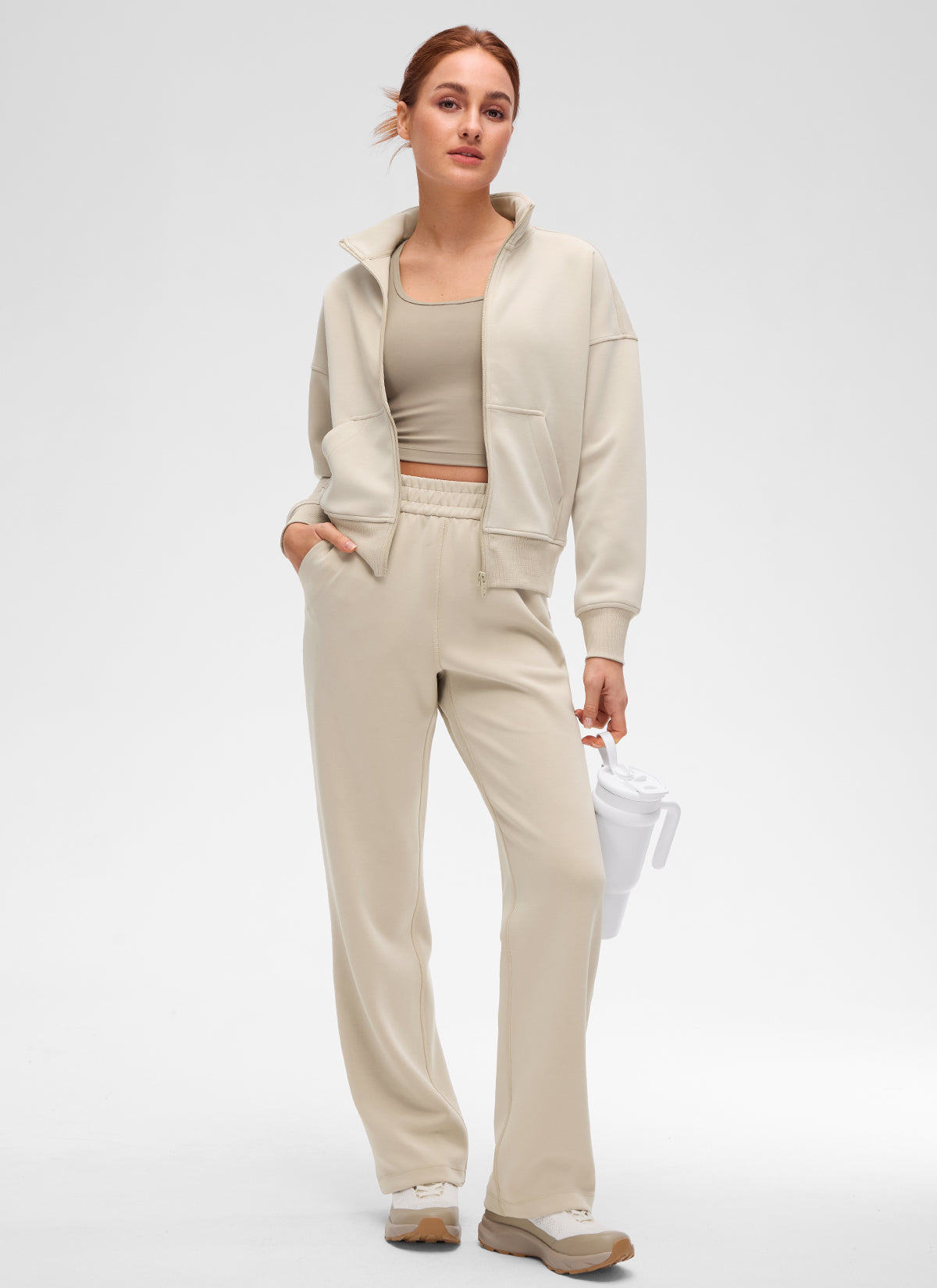 CRZ YOGA Women's Softaura Casual High Mock Neck Pocket Full Zip Jacket Mojave Tan