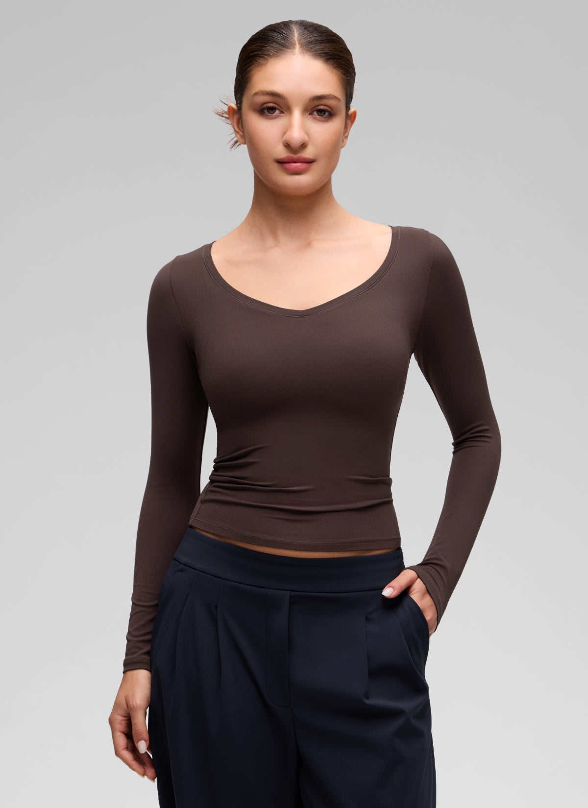 CRZ YOGA Women's Softembrace Casual V Neck Waist Length Long Sleeve Hot Fudge Brown