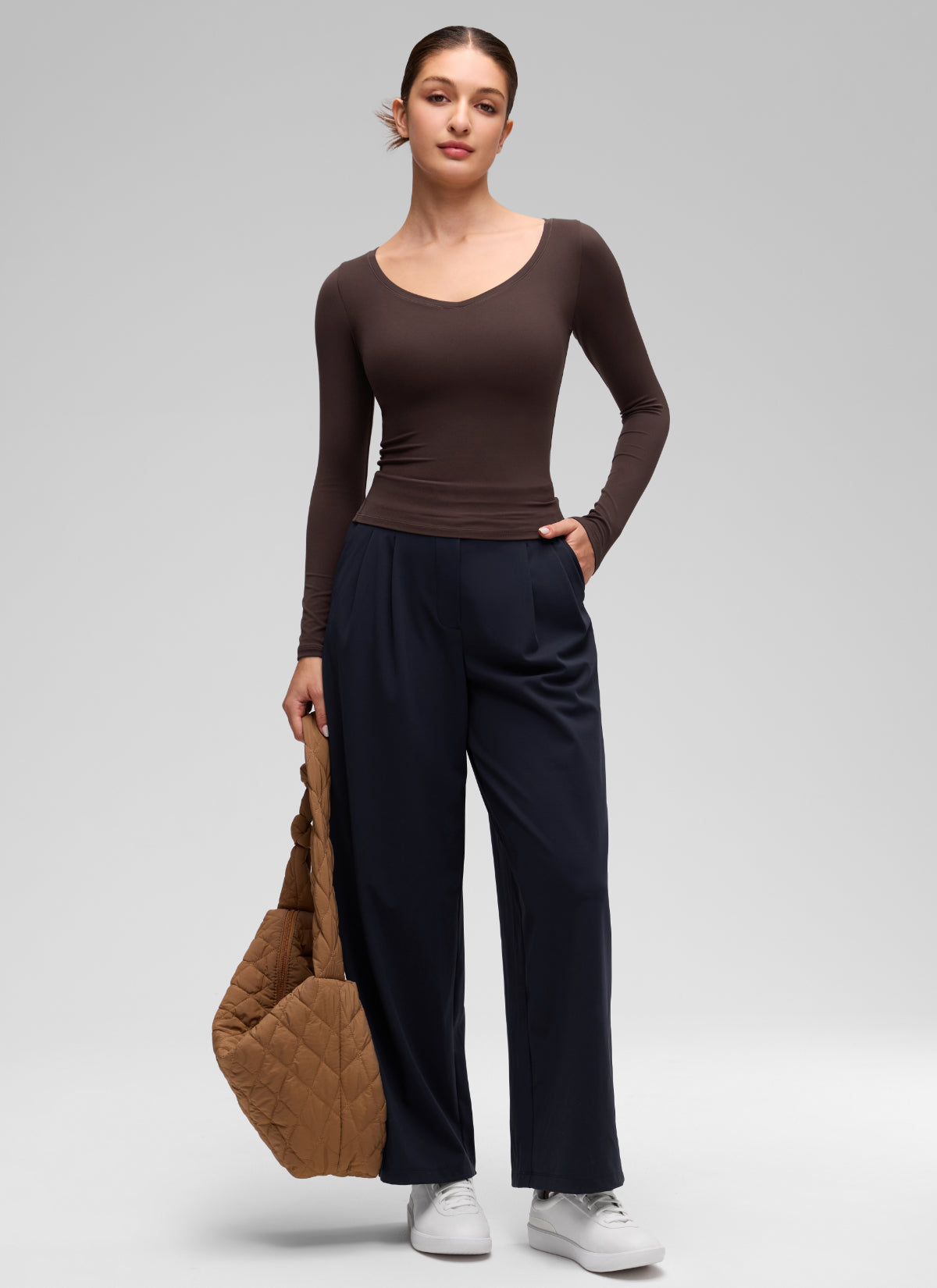 CRZ YOGA Women's Softembrace Casual V Neck Waist Length Long Sleeve Hot Fudge Brown
