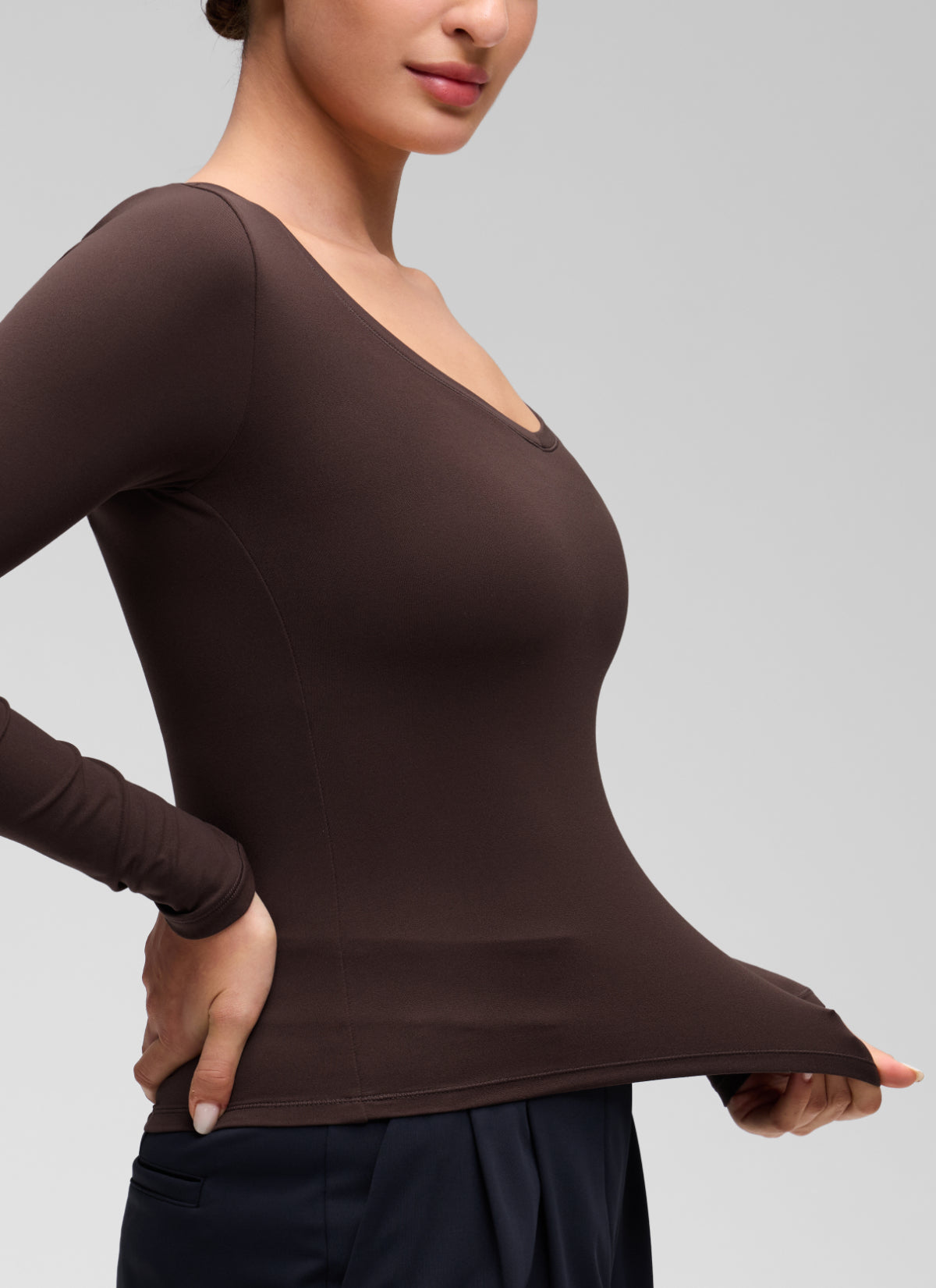 CRZ YOGA Women's Softembrace Casual V Neck Waist Length Long Sleeve Hot Fudge Brown