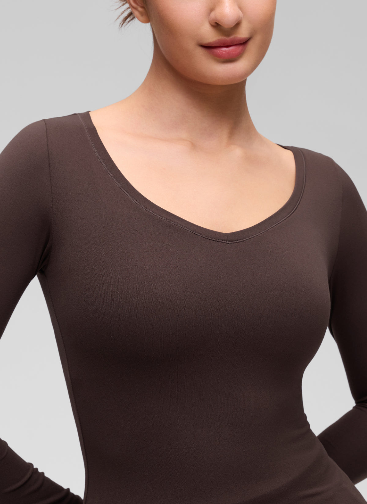CRZ YOGA Women's Softembrace Casual V Neck Waist Length Long Sleeve Hot Fudge Brown