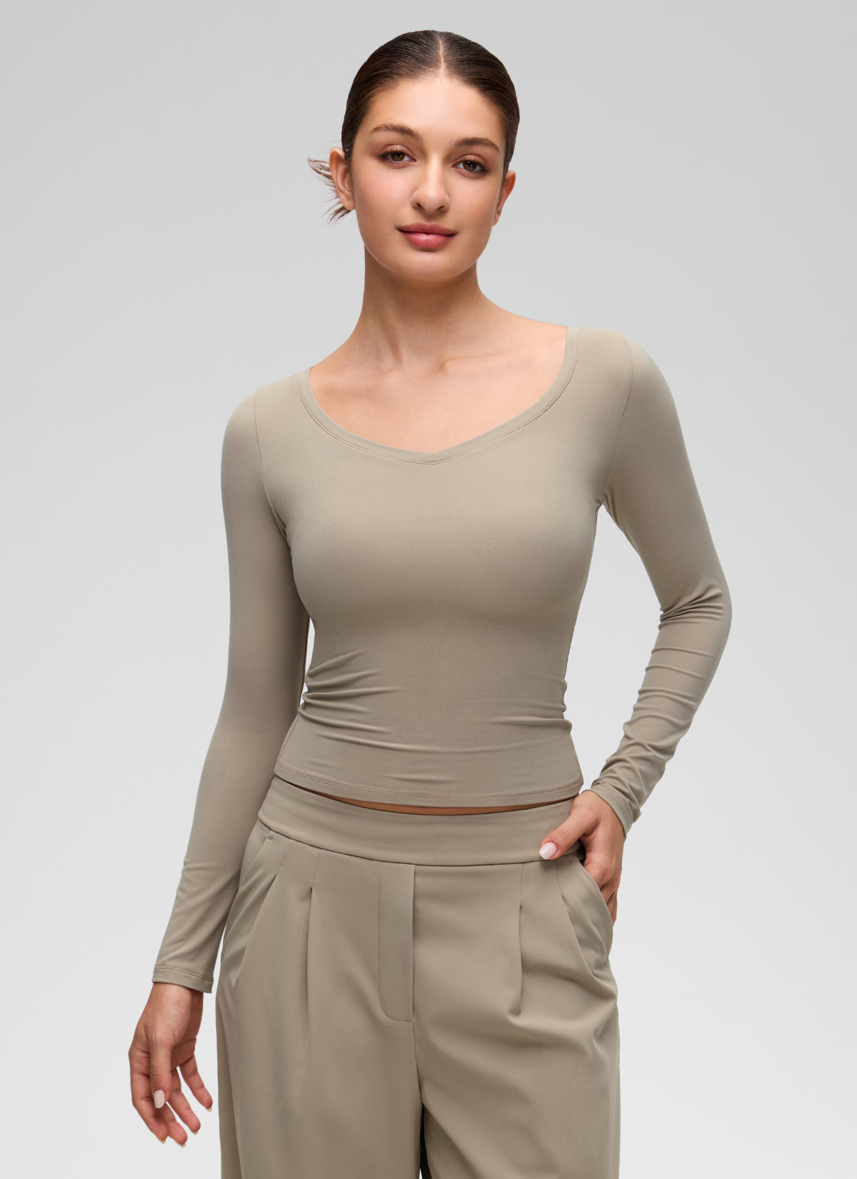 CRZ YOGA Women's Softembrace Casual V Neck Waist Length Long Sleeve Oak