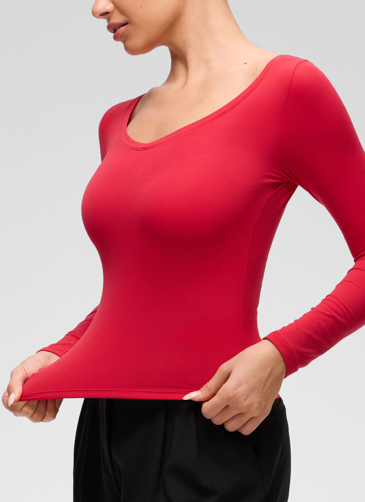 CRZ YOGA Women's Softembrace Casual V Neck Waist Length Long Sleeve Aurora Red