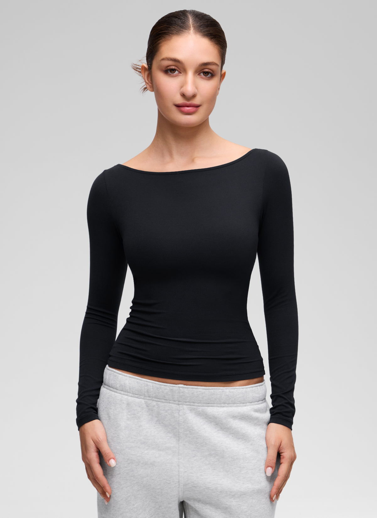 CRZ YOGA Women's Softembrace Casual Boat Neck Waist Length Long Sleeve Black