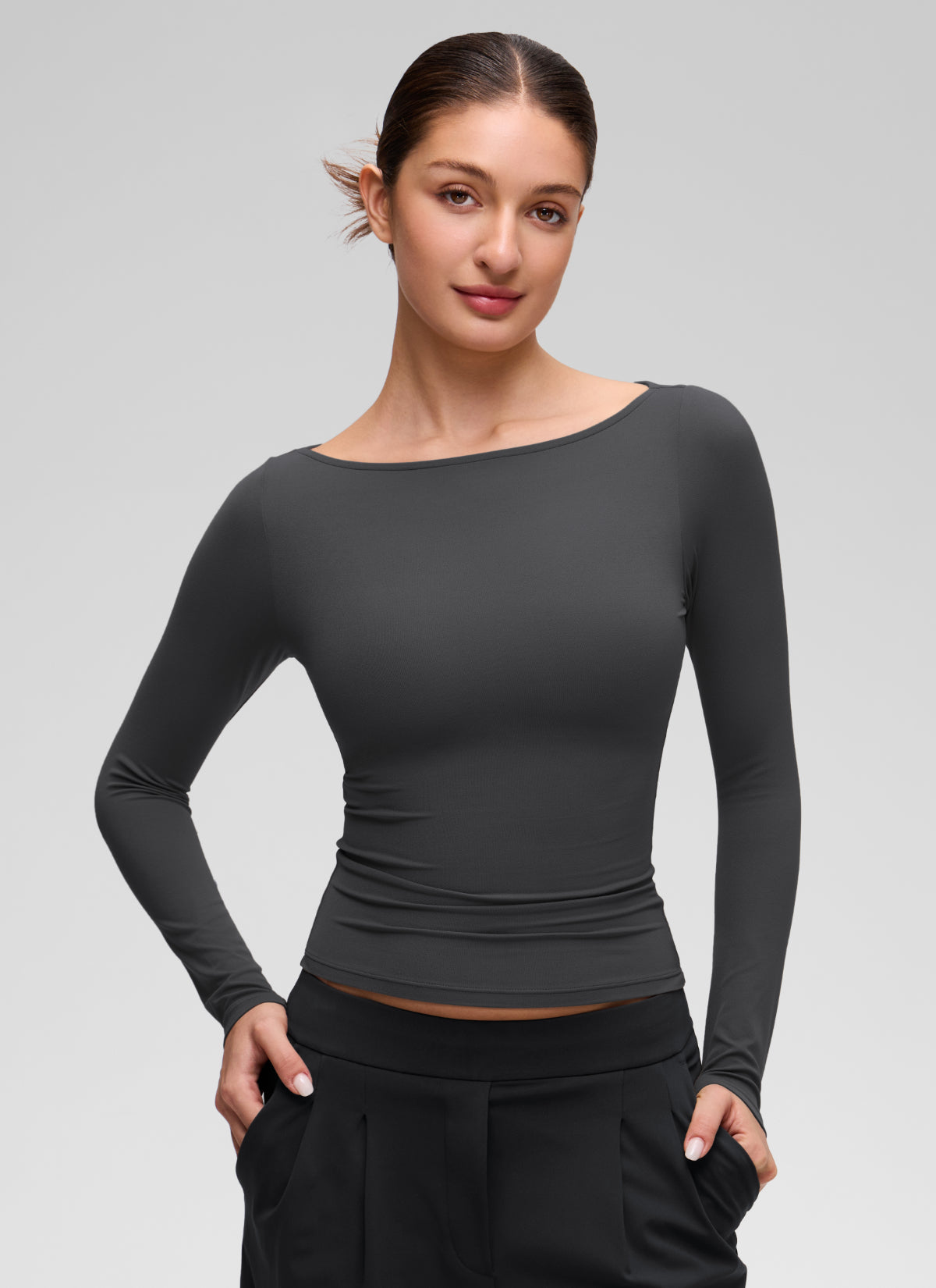 CRZ YOGA Women's Softembrace Casual Boat Neck Waist Length Long Sleeve Mysterious Grey