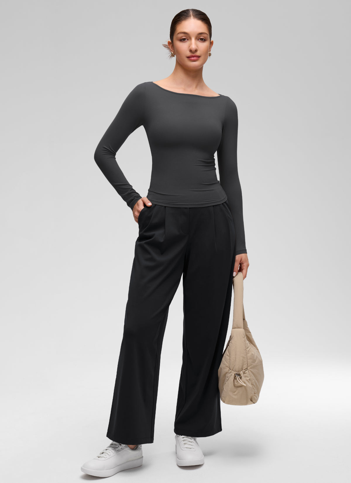 CRZ YOGA Women's Softembrace Casual Boat Neck Waist Length Long Sleeve Mysterious Grey