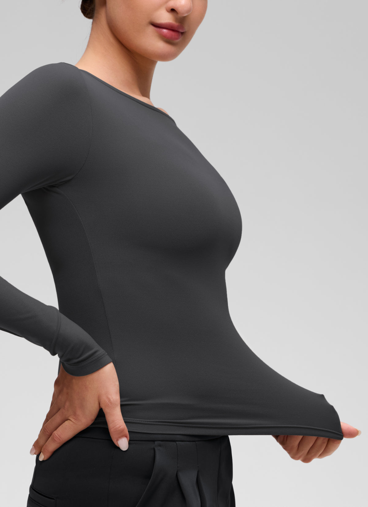 CRZ YOGA Women's Softembrace Casual Boat Neck Waist Length Long Sleeve Mysterious Grey