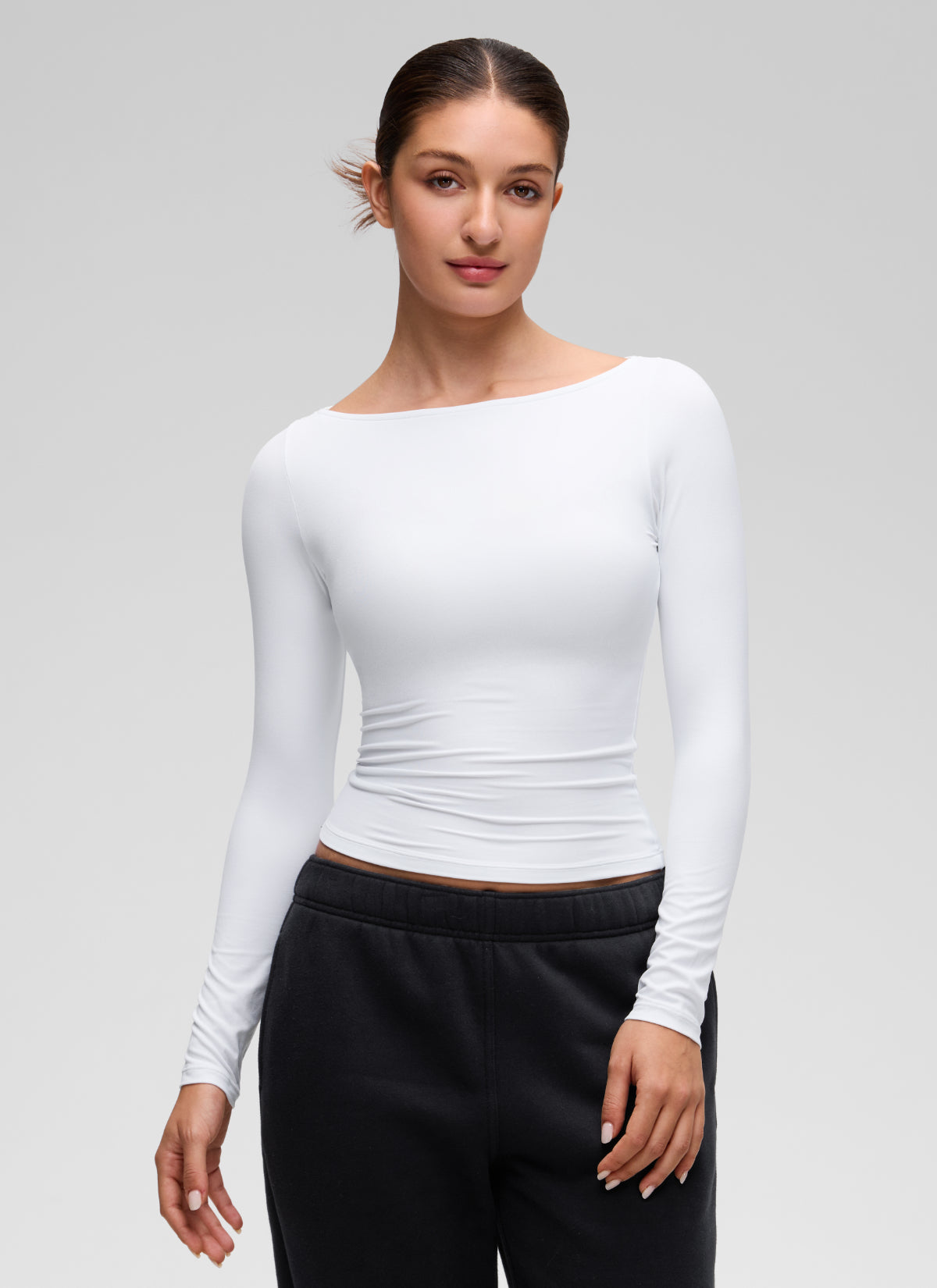 CRZ YOGA Women's Softembrace Casual Boat Neck Waist Length Long Sleeve White
