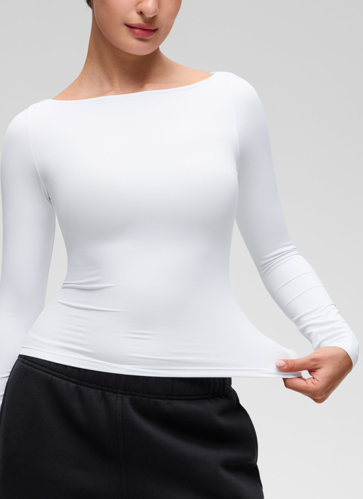 CRZ YOGA Women's Softembrace Casual Boat Neck Waist Length Long Sleeve White
