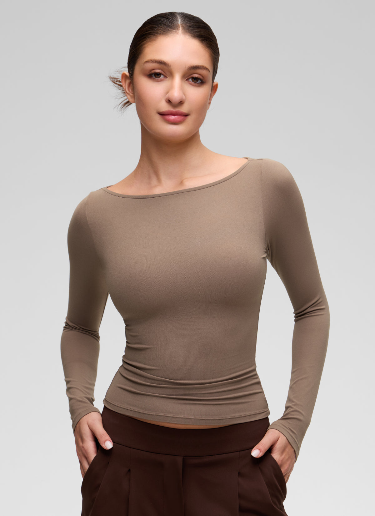 CRZ YOGA Women's Softembrace Casual Boat Neck Waist Length Long Sleeve Brown Purple