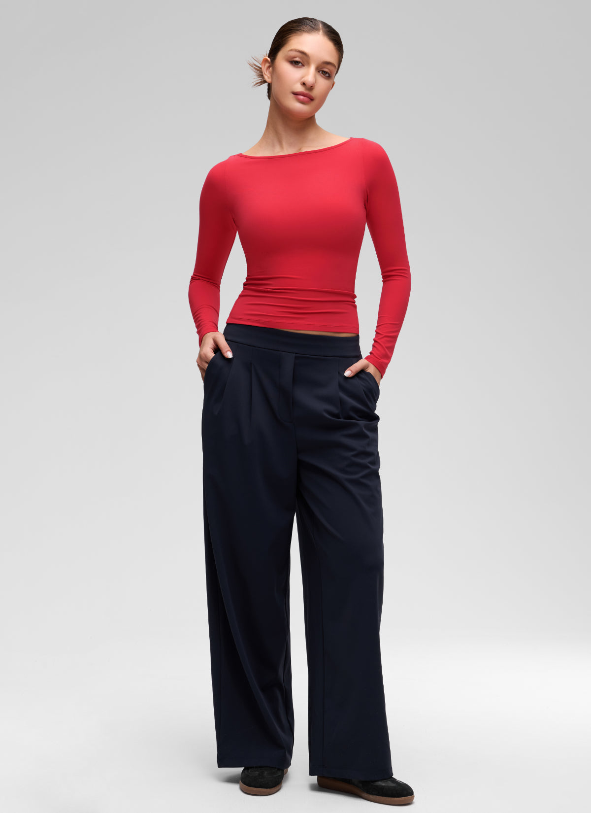 CRZ YOGA Women's Softembrace Casual Boat Neck Waist Length Long Sleeve Aurora Red