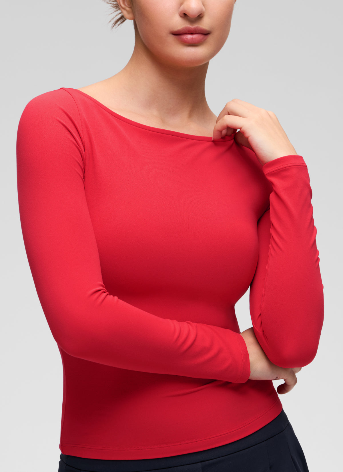 CRZ YOGA Women's Softembrace Casual Boat Neck Waist Length Long Sleeve Aurora Red