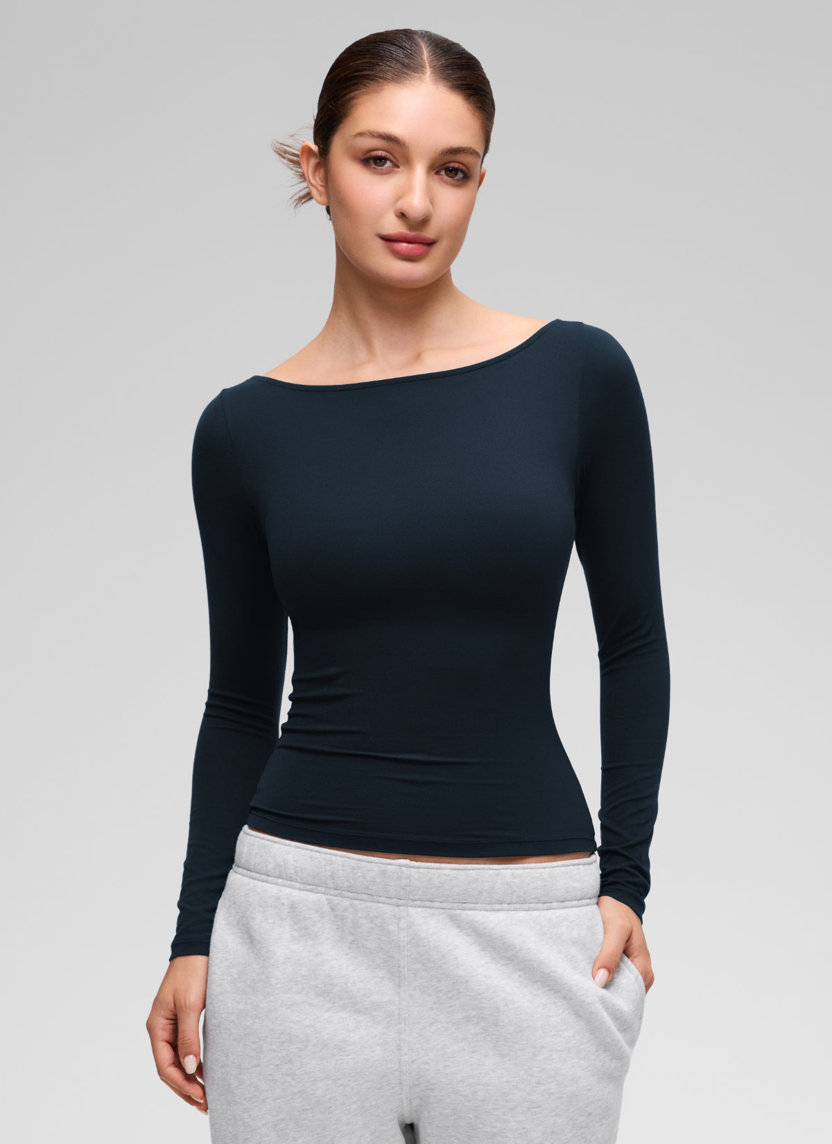 CRZ YOGA Women's Softembrace Casual Boat Neck Waist Length Long Sleeve True Navy