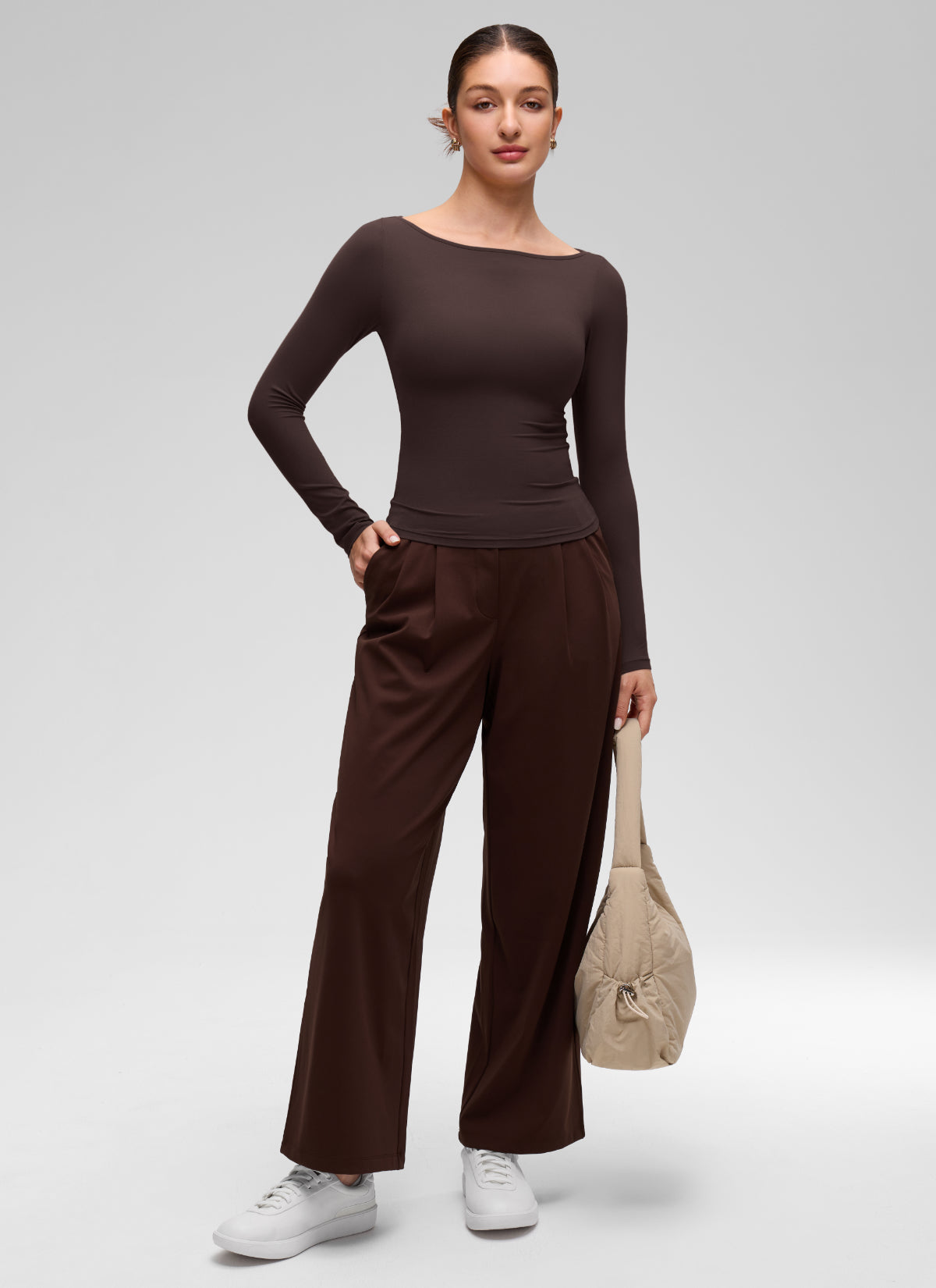 CRZ YOGA Women's Softembrace Casual Boat Neck Waist Length Long Sleeve Hot Fudge Brown