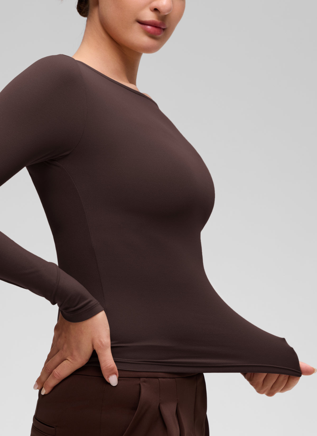 CRZ YOGA Women's Softembrace Casual Boat Neck Waist Length Long Sleeve Hot Fudge Brown